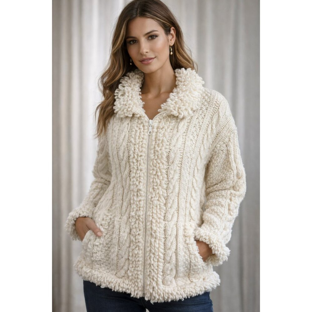 Handmade Ivory Wool Chunky Knit Cable Sweater With Loop Collar By Sunshine Handi